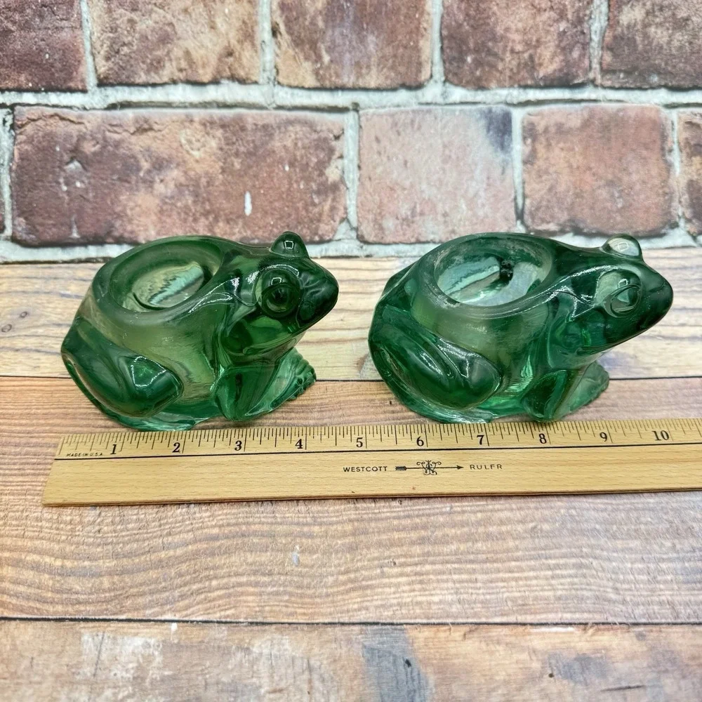 Vtg‎ 2 Indiana Glass Spanish Green Frog Votive Holders Candle Holders Pair Set